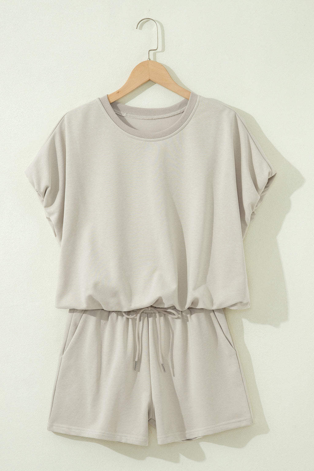 Light Blue Solid Color Puffy Loose Top Drawstring Shorts 2pcs Outfit