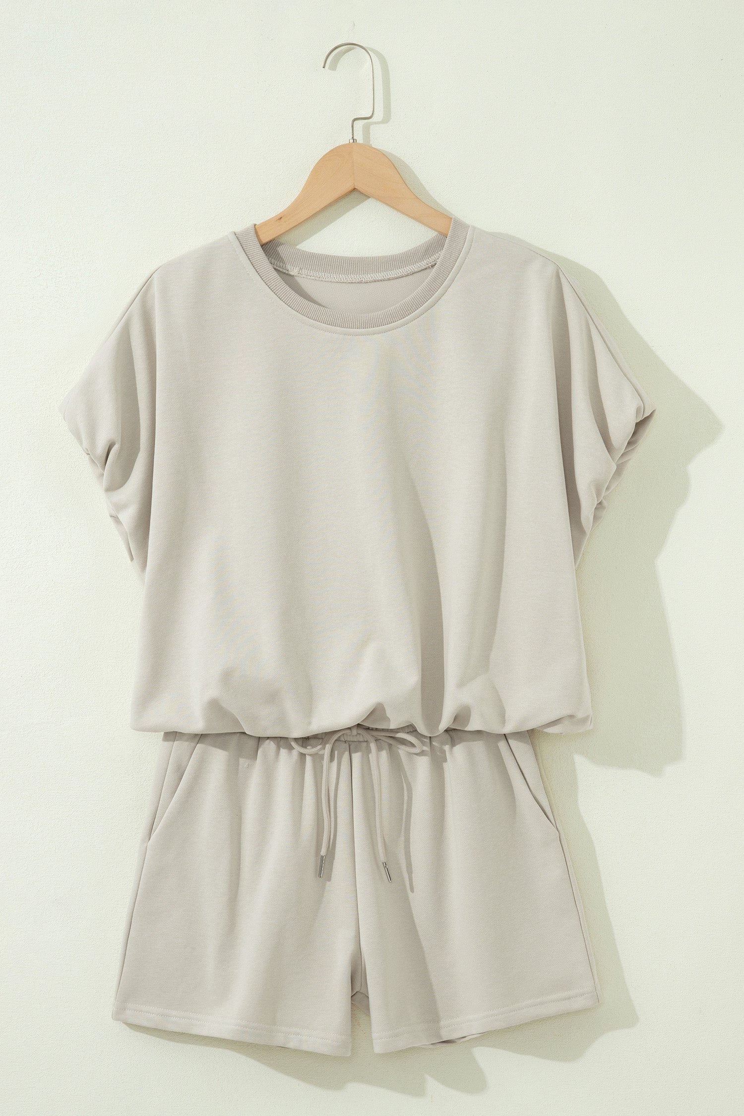 Light Blue Solid Color Puffy Loose Top Drawstring Shorts 2pcs Outfit