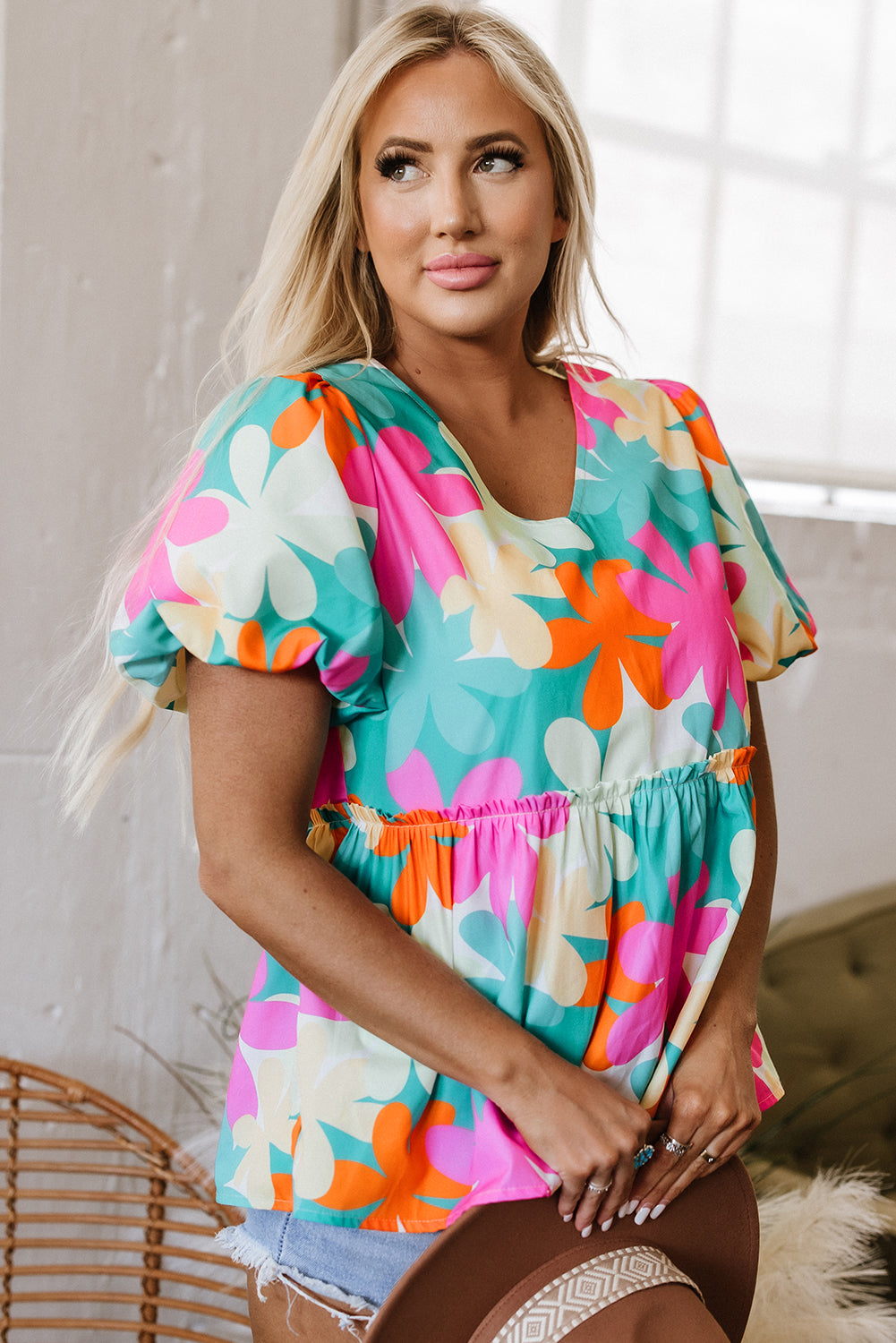 Kathryn Bubble Sleeve Peplum Blouse