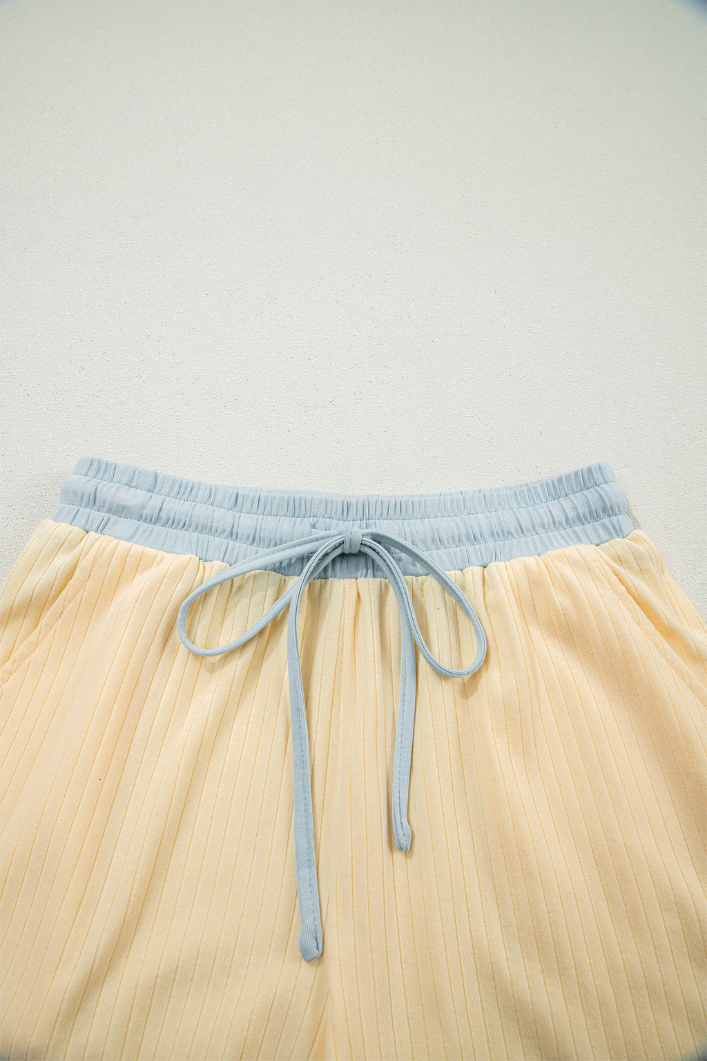 Yellow Cream Soft Ribbed Color Block Trim Casual Short Set