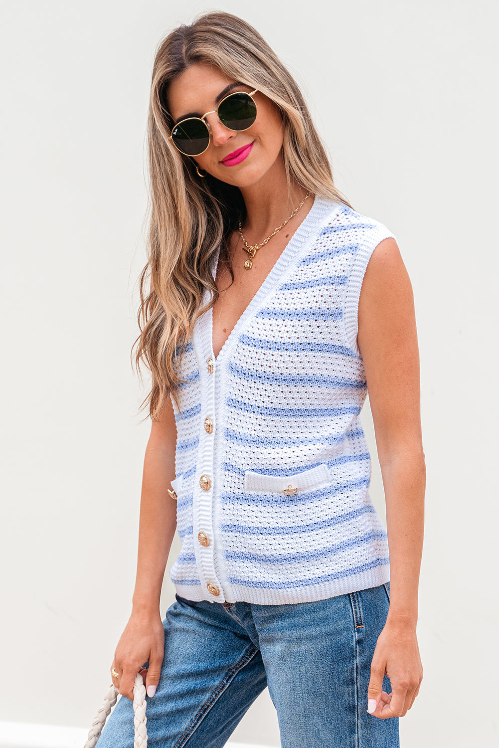 Veda V Neck Gold Buttons Elegant Sweater Vest