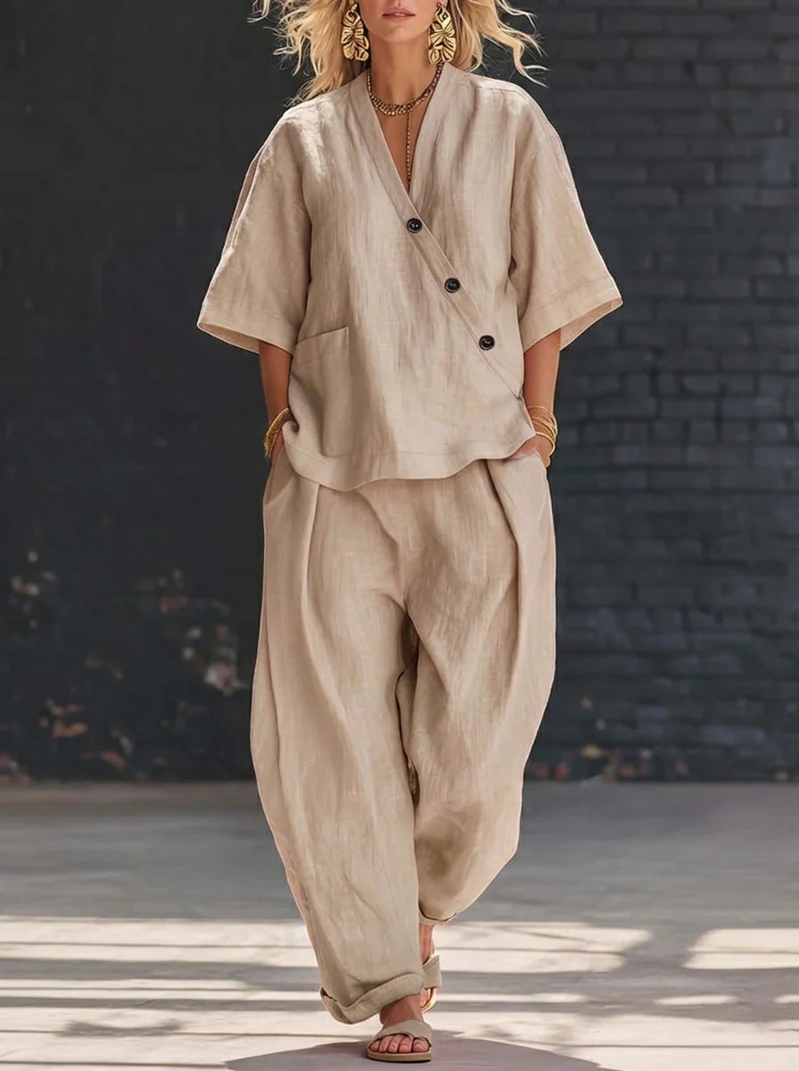 V-Neck Short Sleeve Top & High-Waist Trousers Two-Piece Set