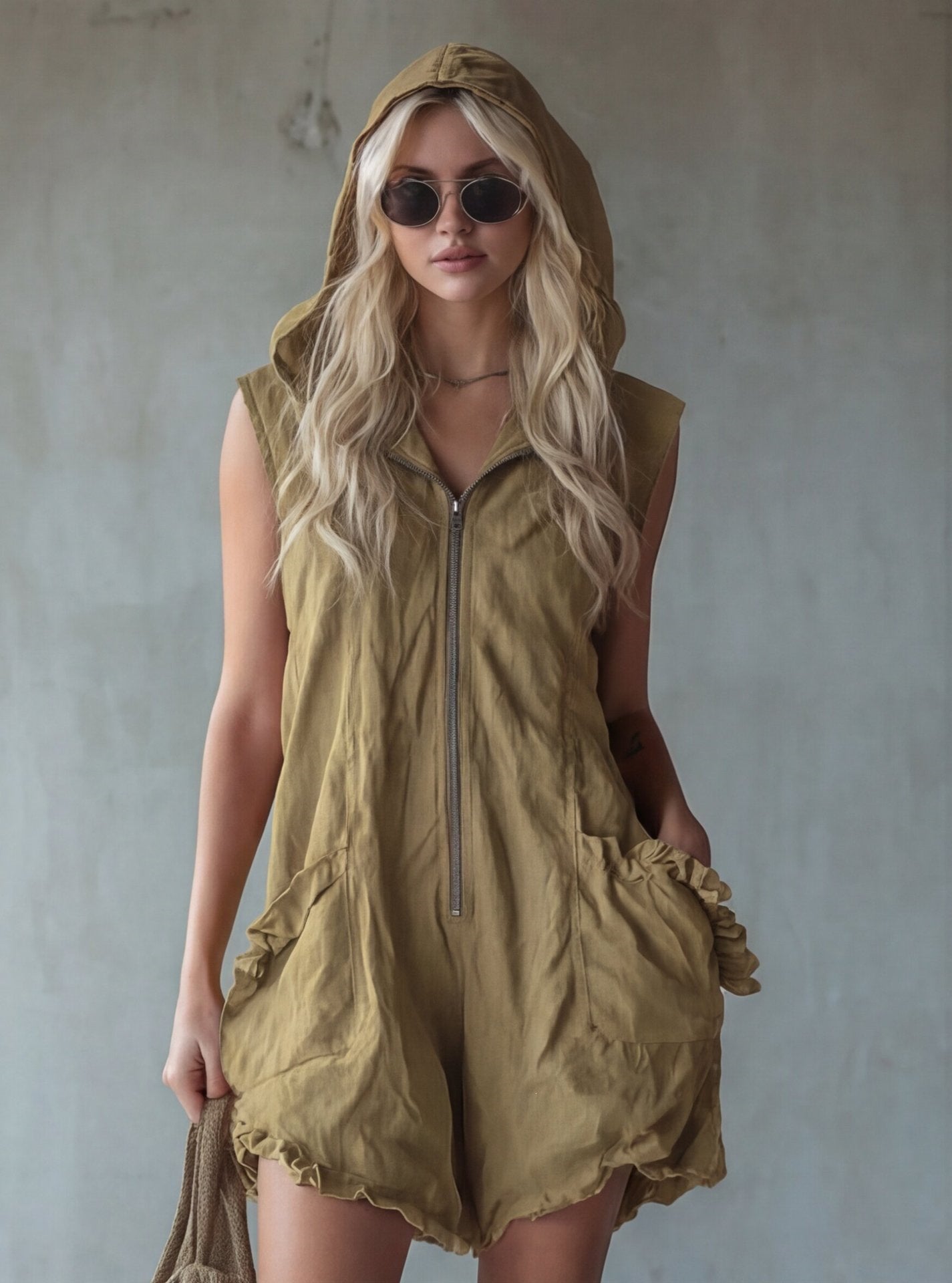 Women's Retro Hooded Zip-Up Sleeveless Cropped Jumpsuit