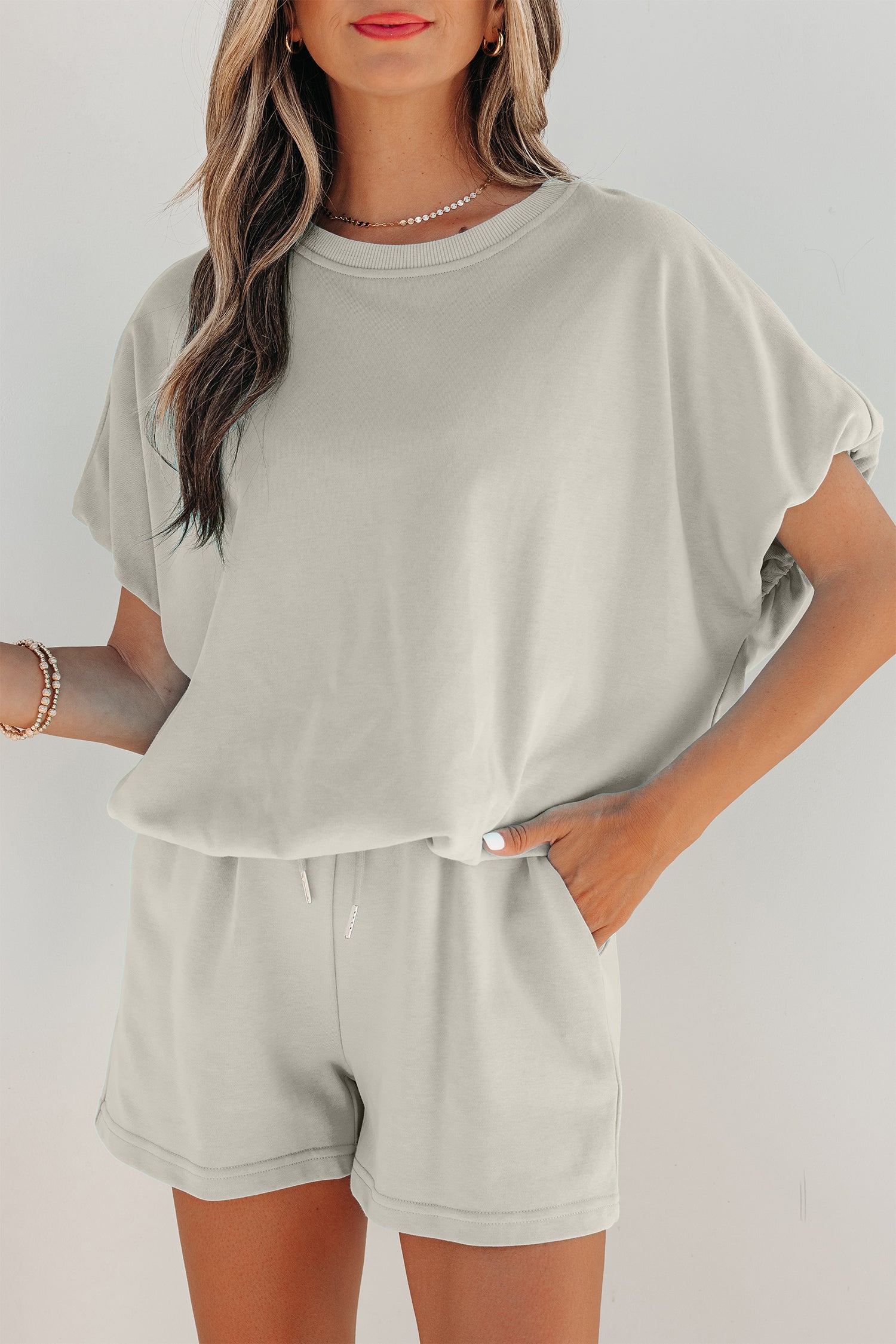 Light Blue Solid Color Puffy Loose Top Drawstring Shorts 2pcs Outfit