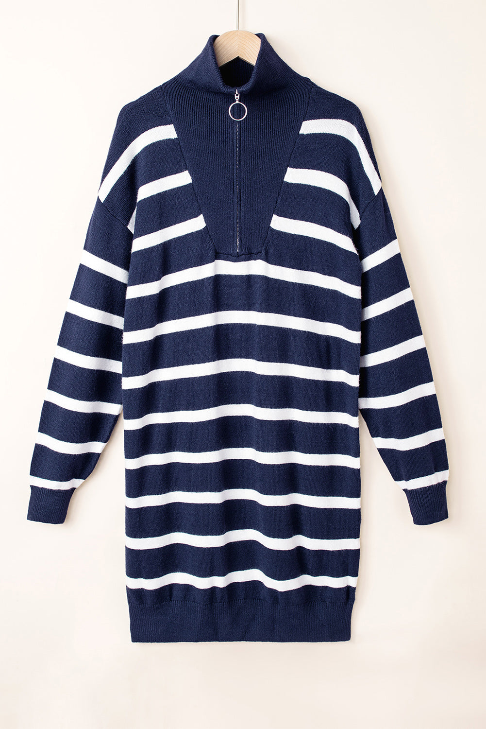 Iris Striped Zip Collared Loose Sweater Mini Dress