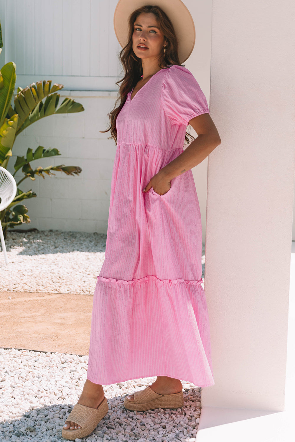 Ella Stripe V Neck Puff Short Sleeve Maxi Dress