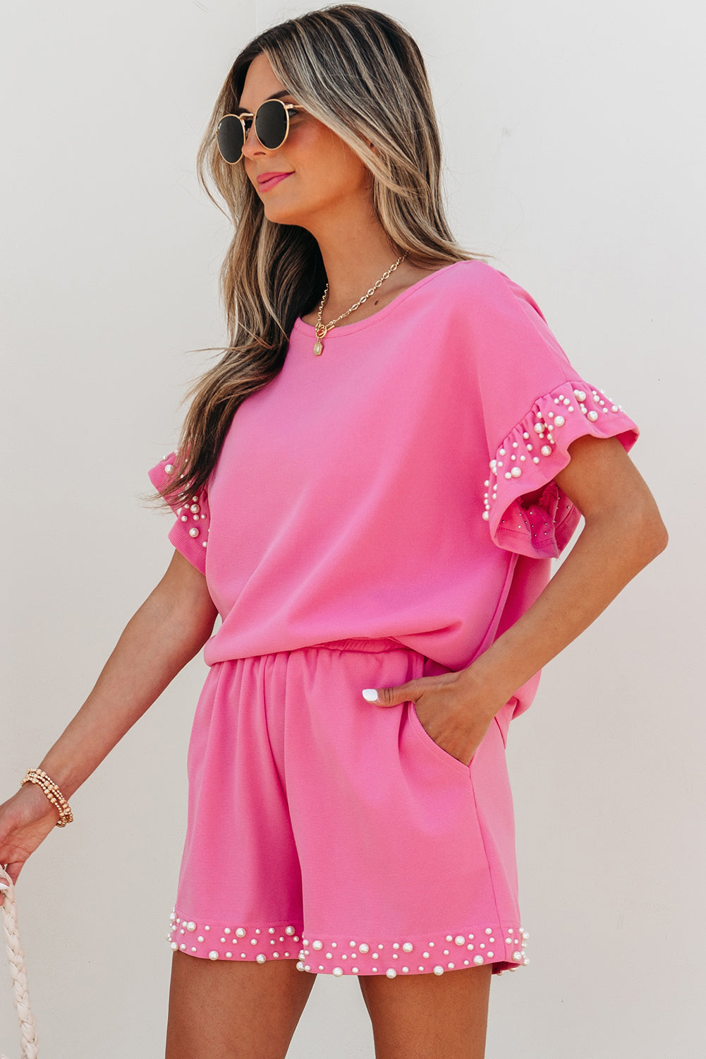 Honey Textured Pearled Ruffle Sleeve 2 Piece Set