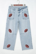 Beau Blue Sequin Rugby Pattern Raw Hem Casual Jeans