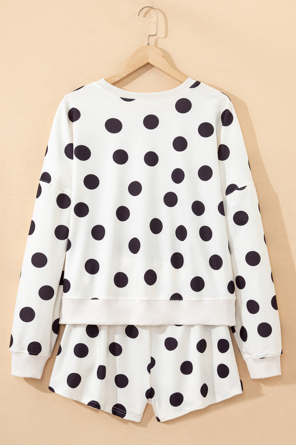 Pink Polka Dot Print Drop Shoulder Pullover Drawstring Shorts Set
