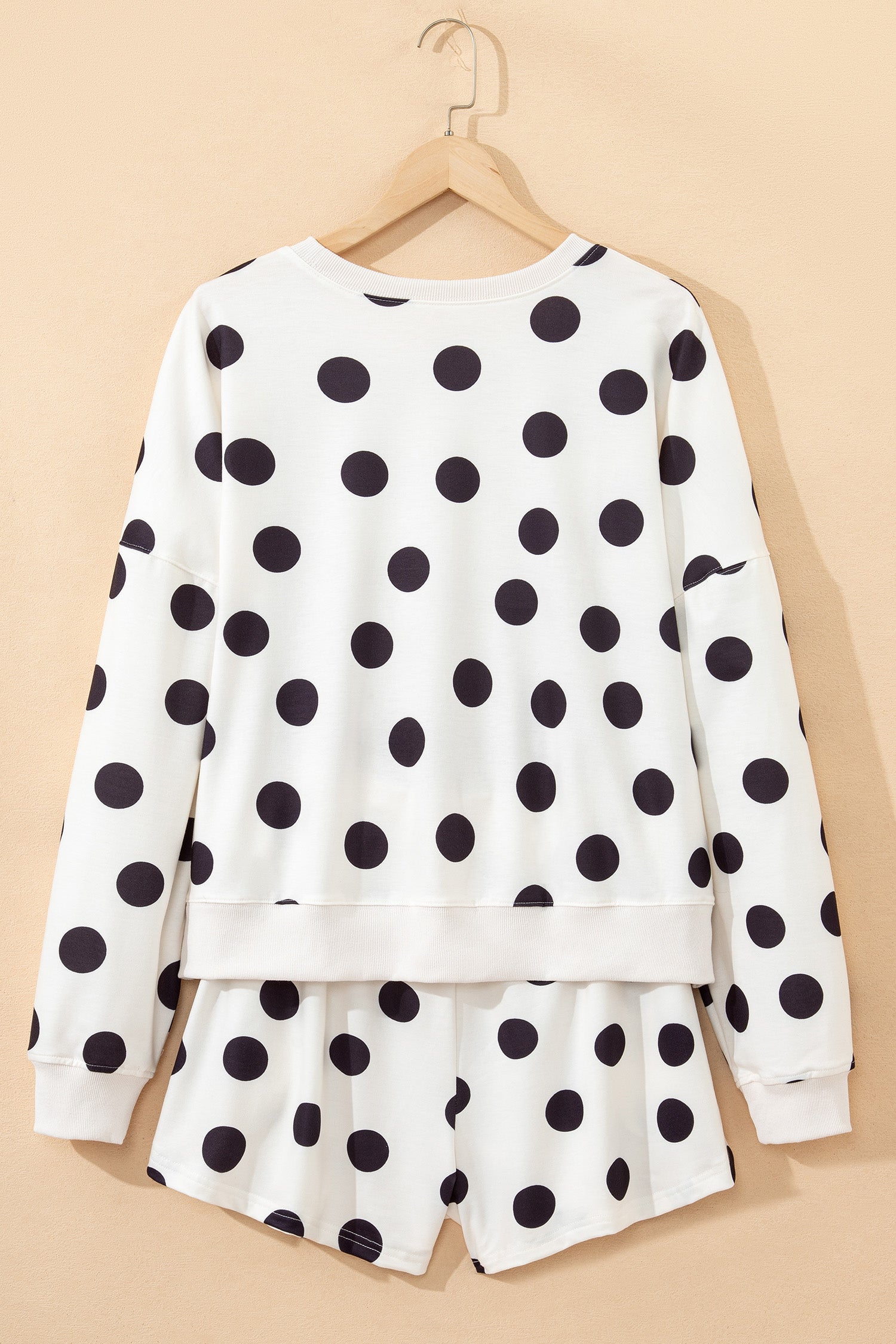 Pink Polka Dot Print Drop Shoulder Pullover Drawstring Shorts Set