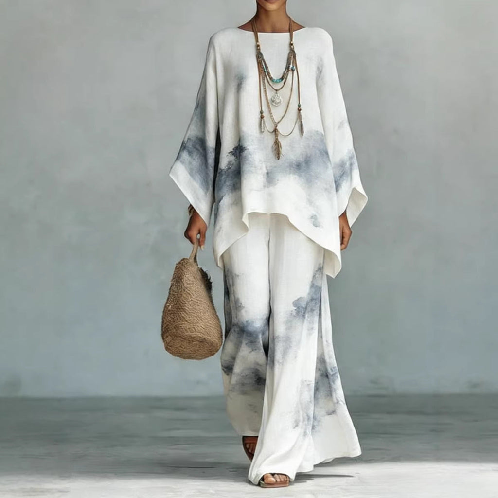 Floral Print Bamboo Linen Two-Piece Set | Wide-Leg Pants