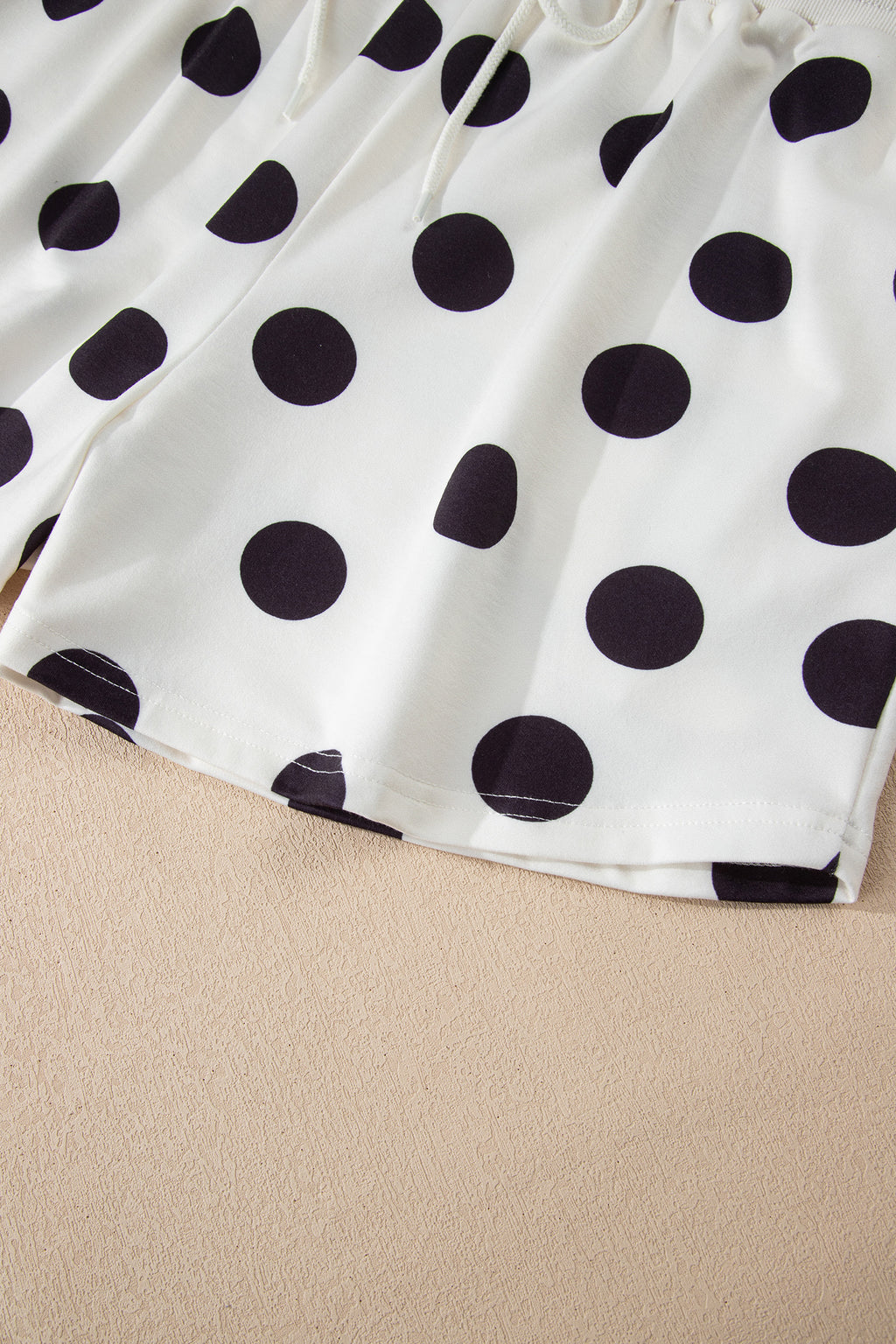 Pink Polka Dot Print Drop Shoulder Pullover Drawstring Shorts Set