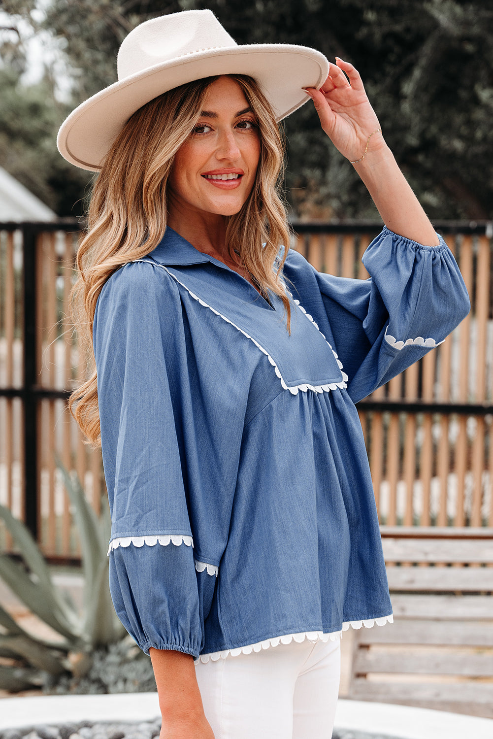 Nevaeh Lace Ric Rac 3/4 Puff Sleeve Collared Babydoll Blouse