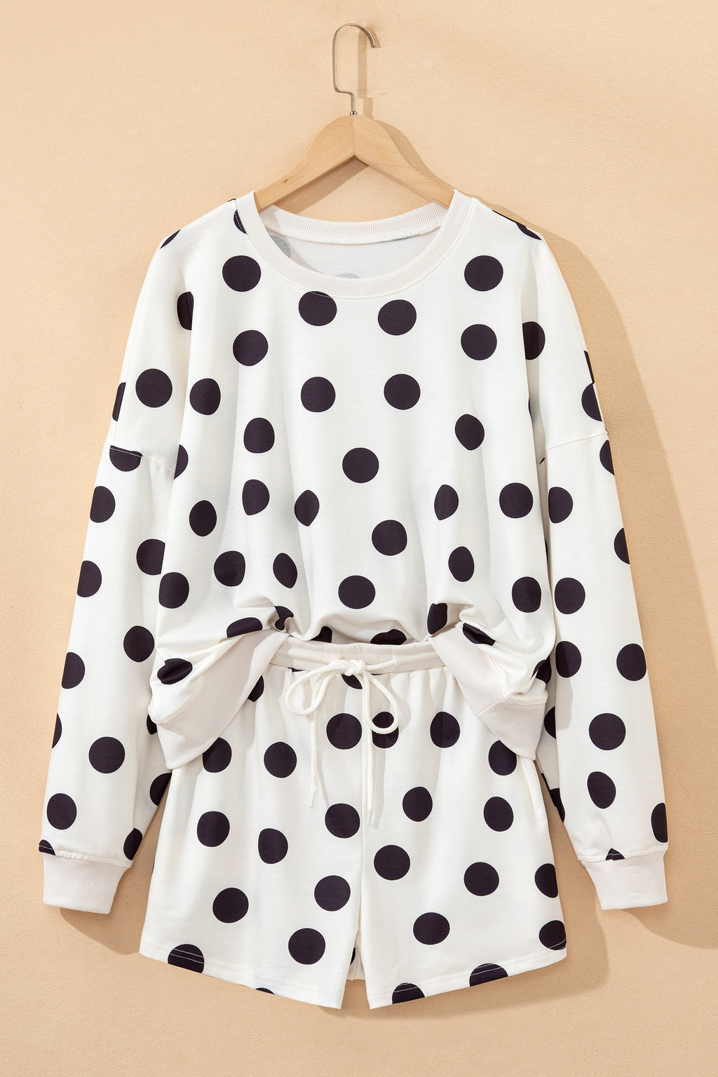 Pink Polka Dot Print Drop Shoulder Pullover Drawstring Shorts Set