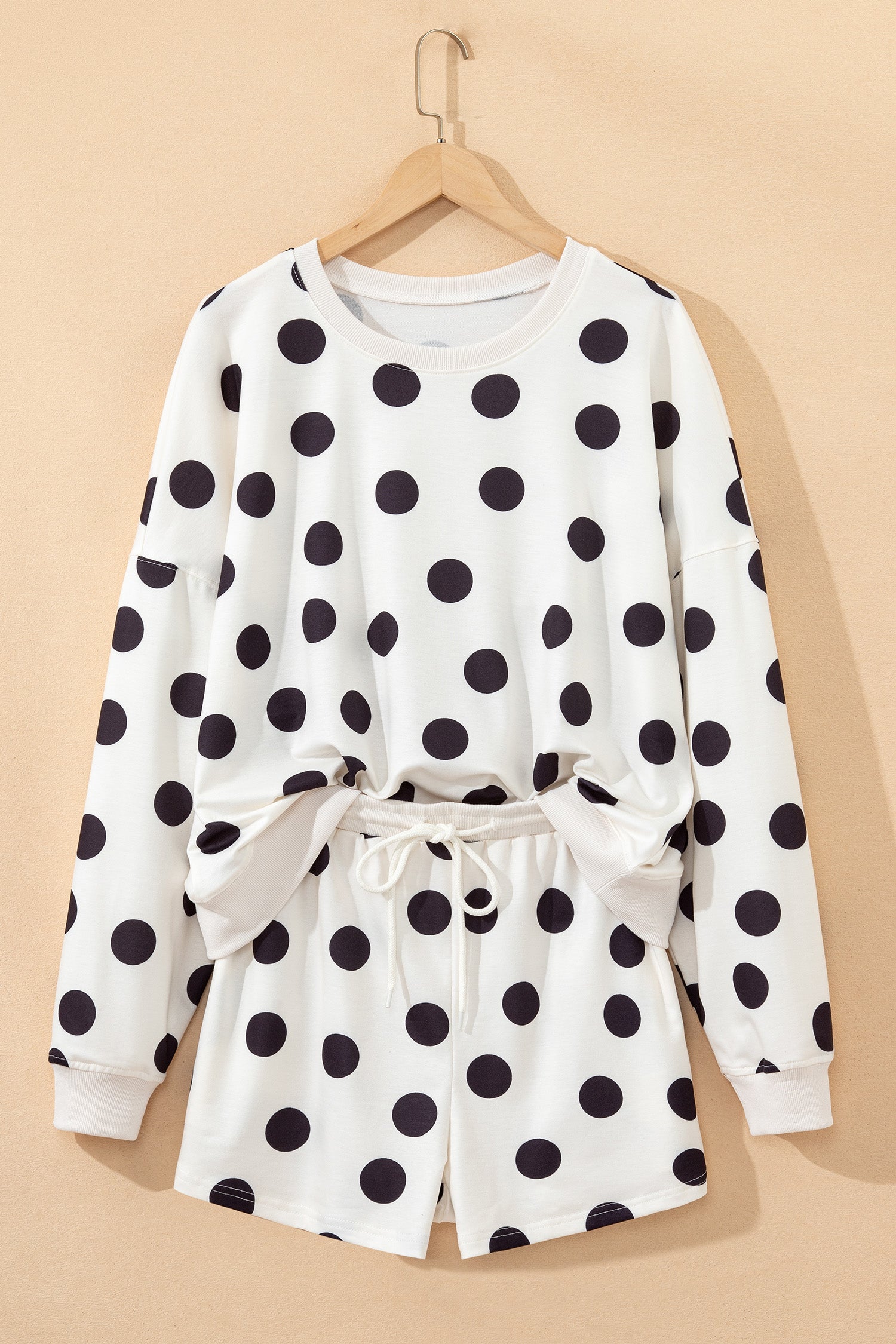 Pink Polka Dot Print Drop Shoulder Pullover Drawstring Shorts Set