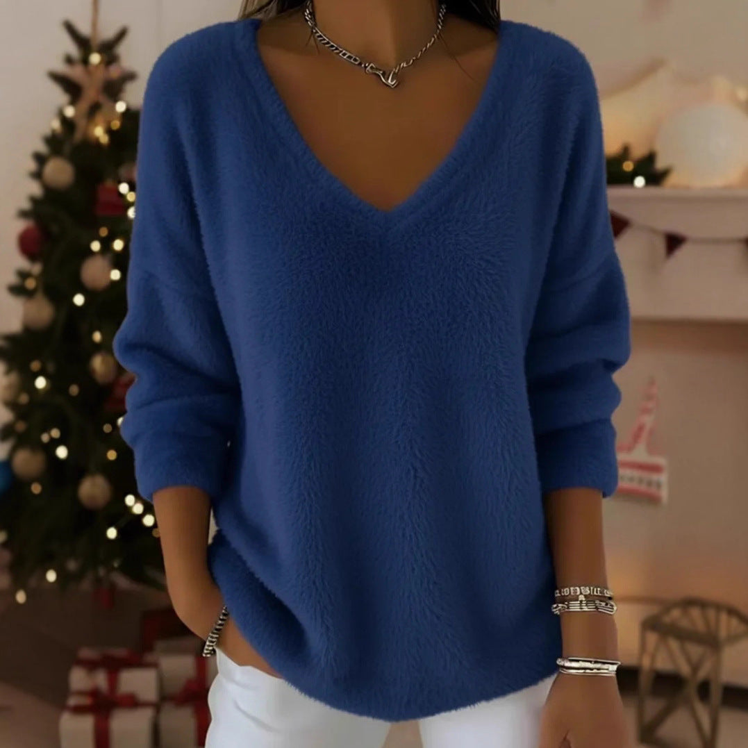 Women’s Plush V Neck Drop Shoulder Pullover Sweater