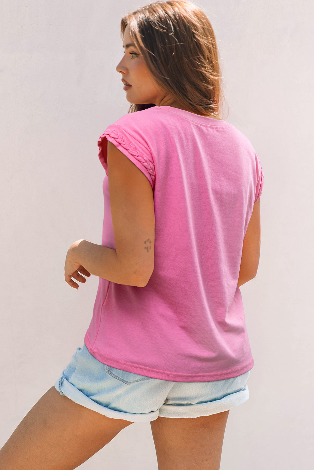 Anika Braided Cap Sleeve Crew Neck Top