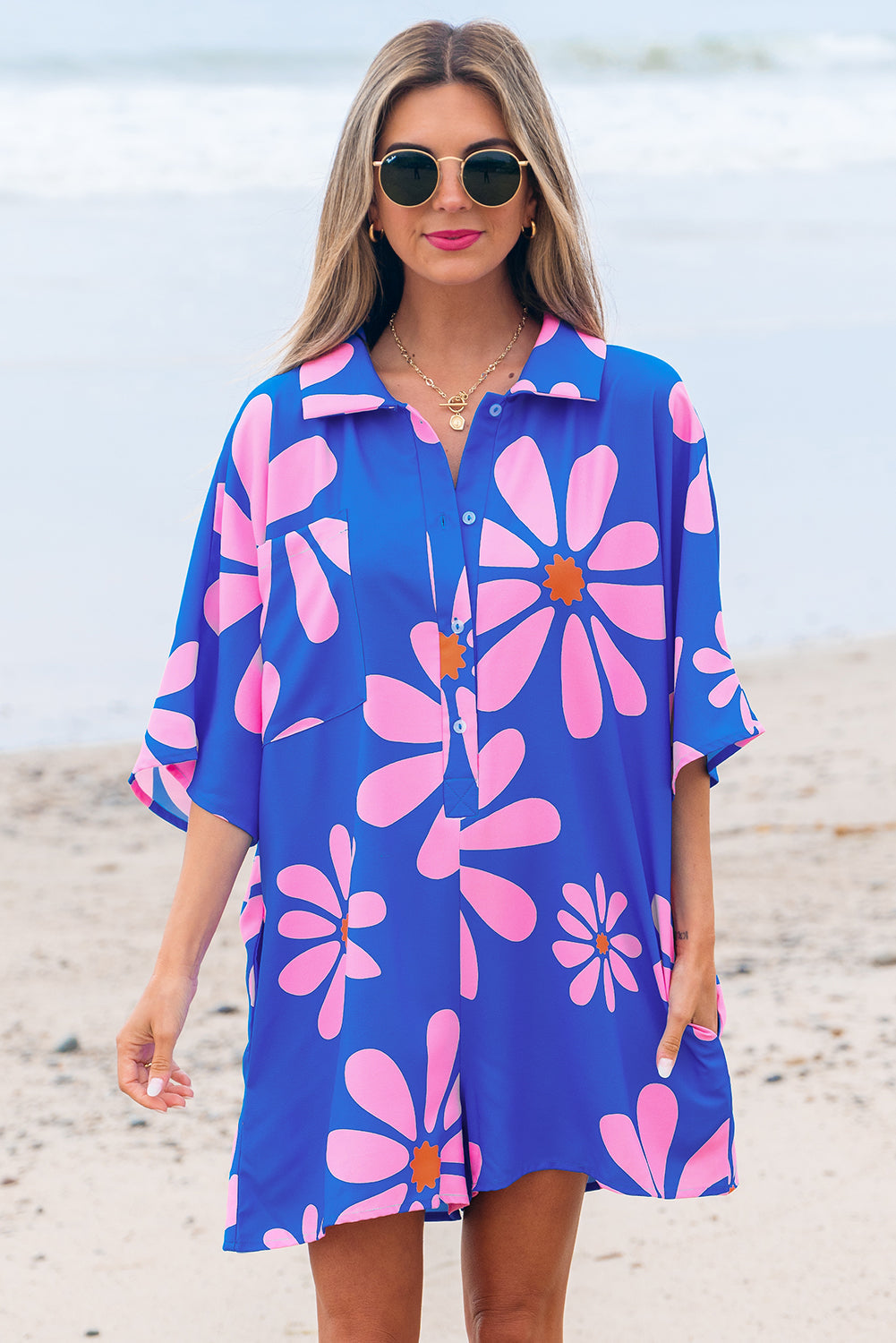 Ailany Flower Collar Button Front Loose Romper