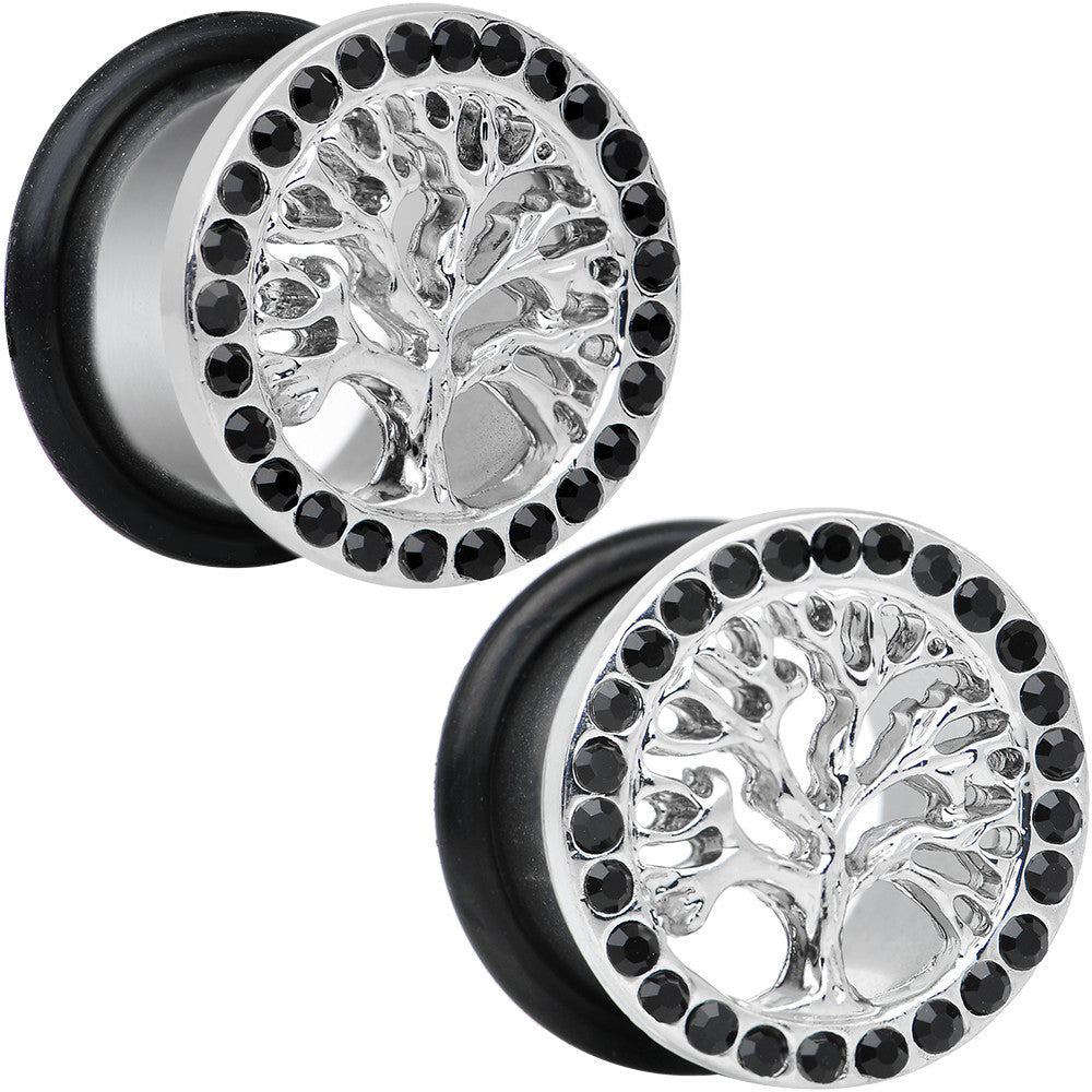 9/16 Black Gem Stainless Steel Single Flare Tree of Life Plug Set