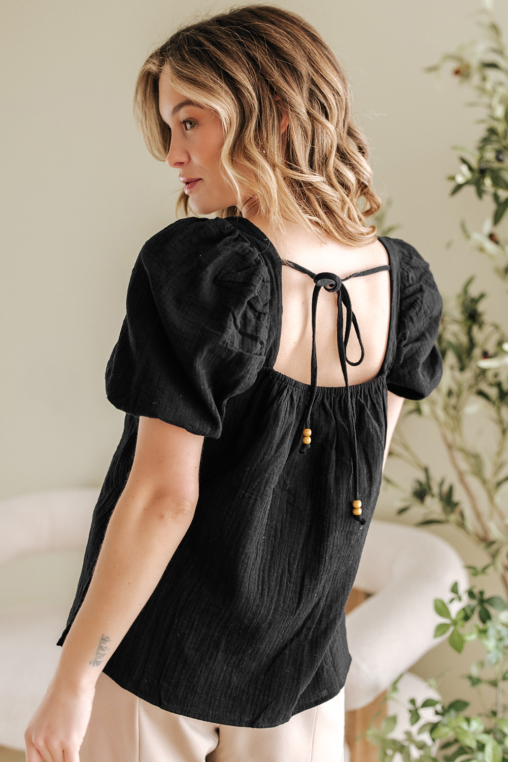 DAVINA CROCHET SQUARE NECK TEXTURED SHORT SLEEVE BLOUSE