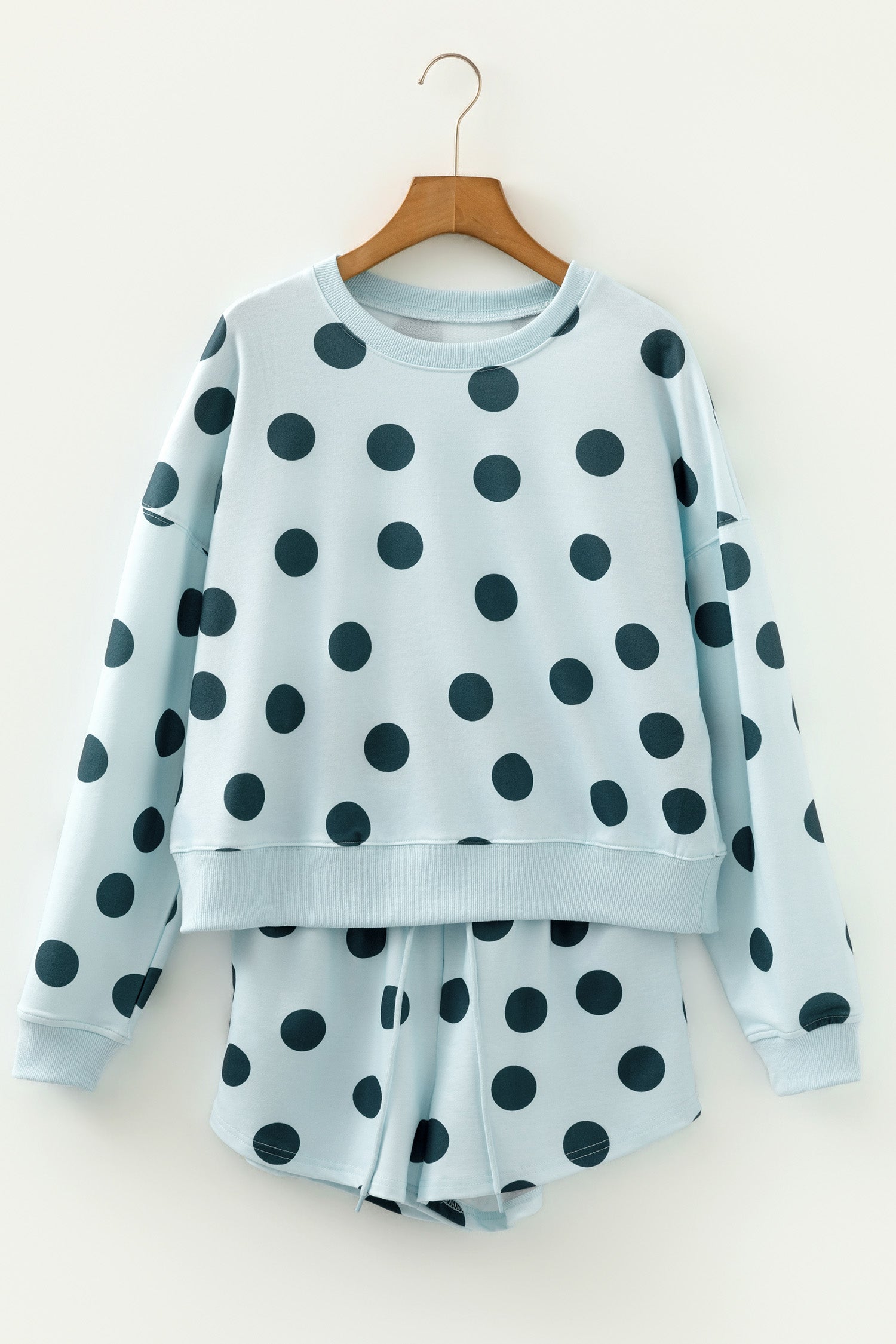 Pink Polka Dot Print Drop Shoulder Pullover Drawstring Shorts Set