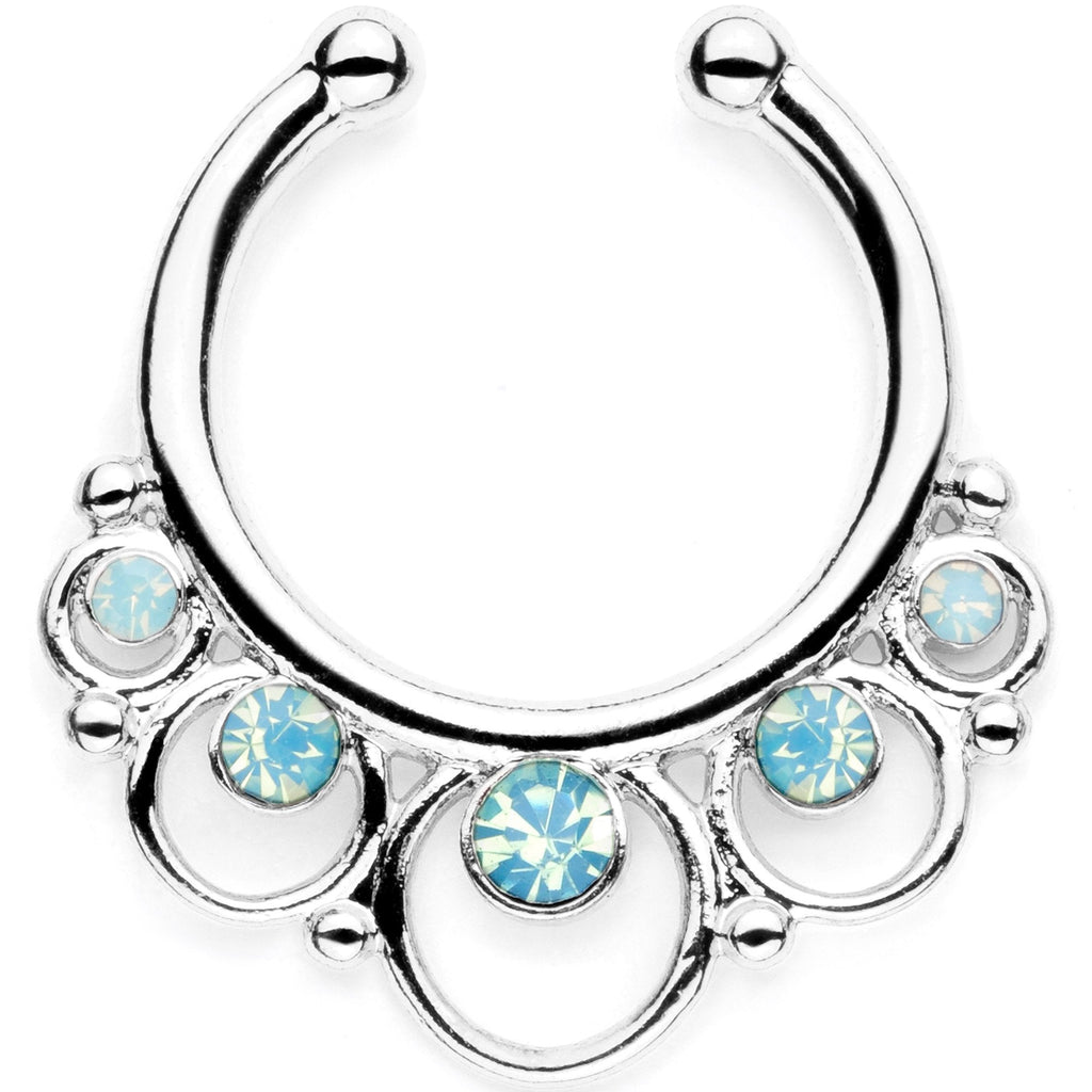 16G Teal Faux Opal Twisted Horseshoe Clip On Fake Septum Ring Set