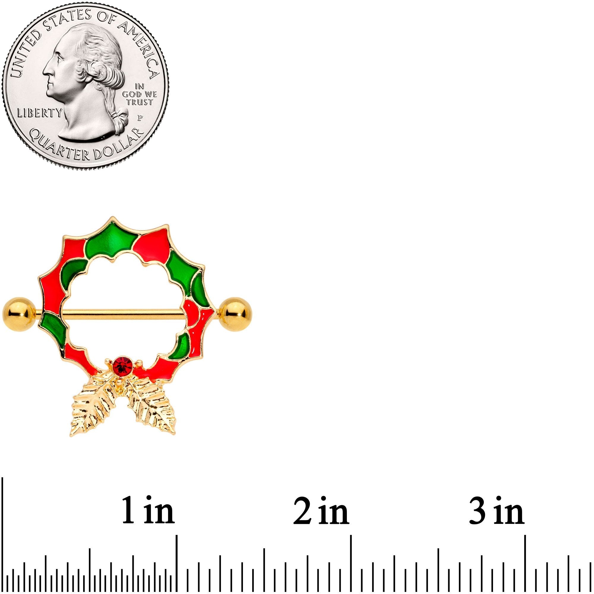14G 25mm Red Gem Gold Tone Happy Holiday Wreath Nipple Shield Set