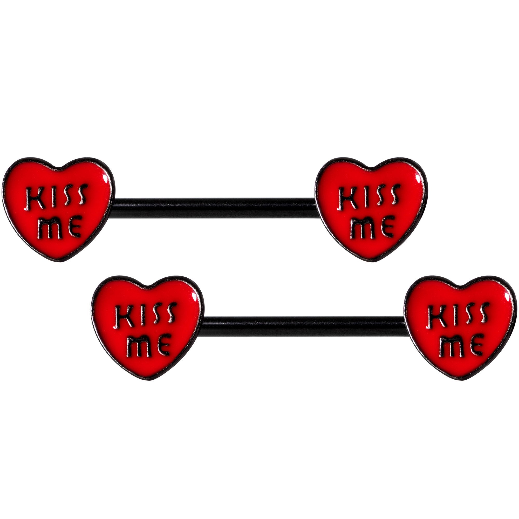 14G 5/8 Black Red Heart Kiss Me Barbell Nipple Ring Set