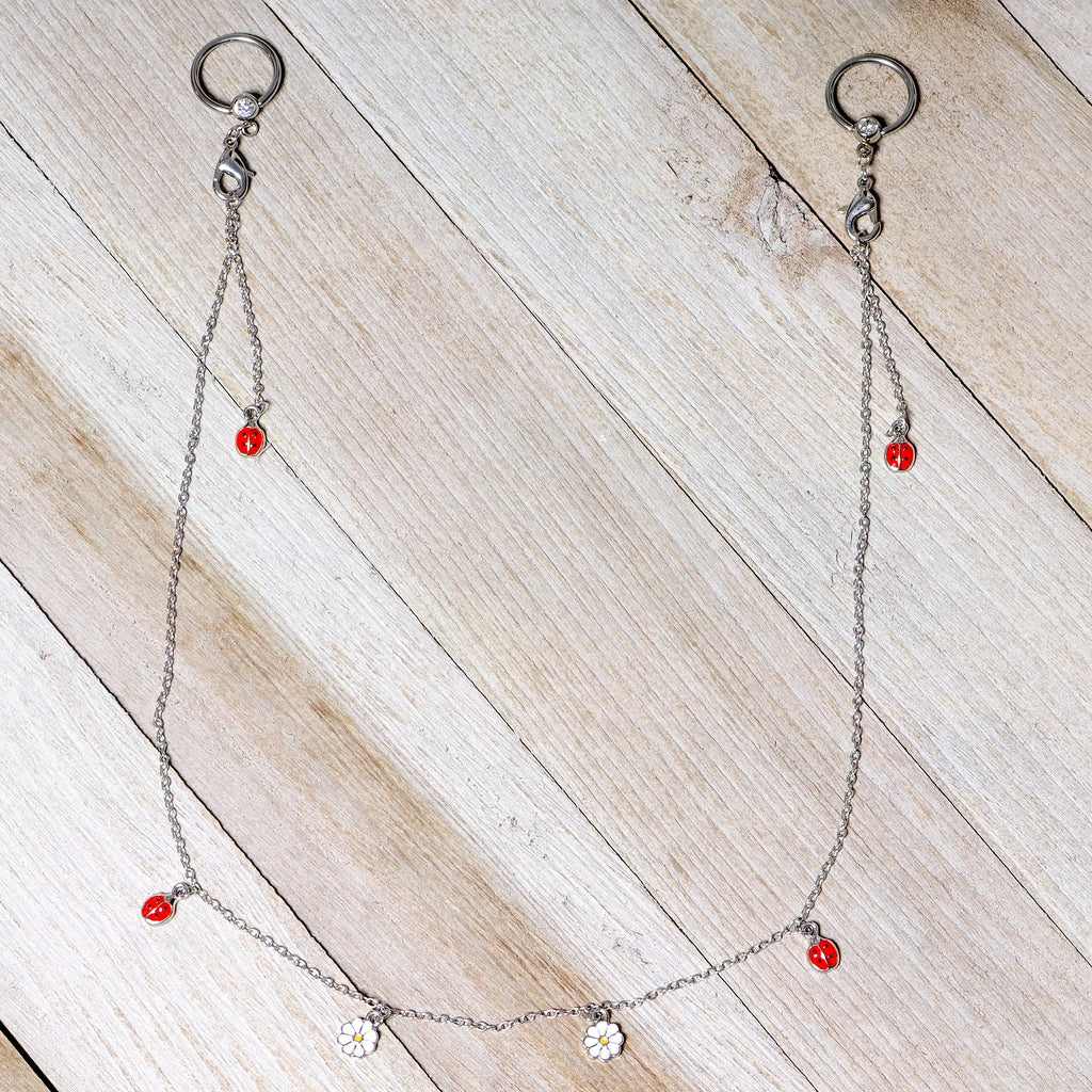 14G 9/16 Clear Gem Ladybug BCR Captive Ring Dangle Nipple Chain