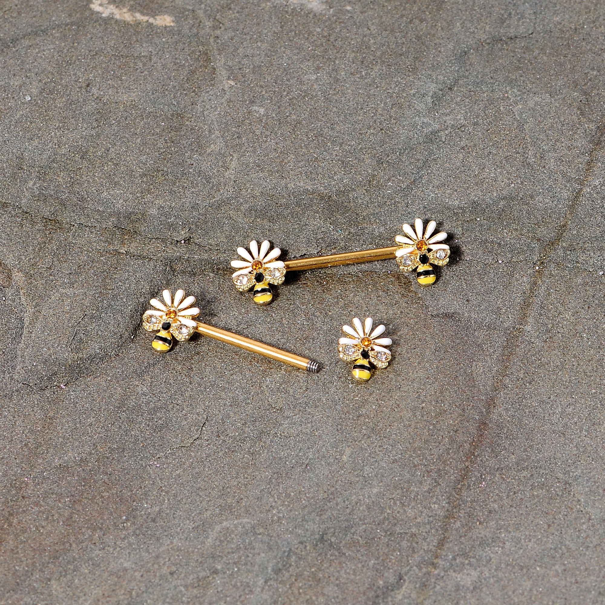 14G 9/16 Clear Gem Gold Tone Flower Bee Barbell Nipple Ring Set