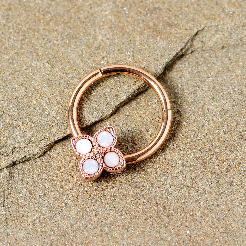 16G 3/8 White Faux Opal Rose Gold Tone Regal Hinged Segment Ring