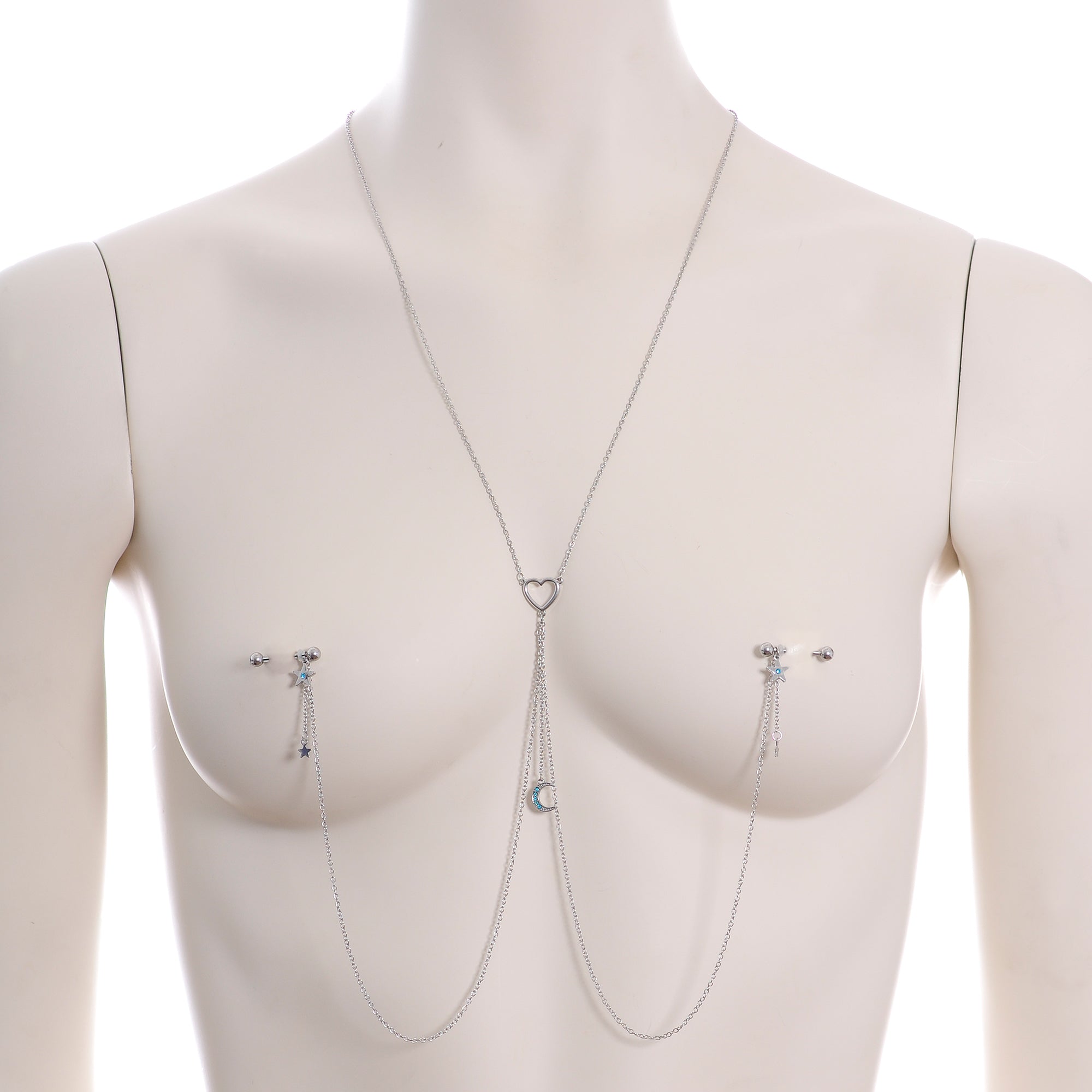 14G 5/8 Blue Gem Moon Heart Star Nipple Chain Necklace