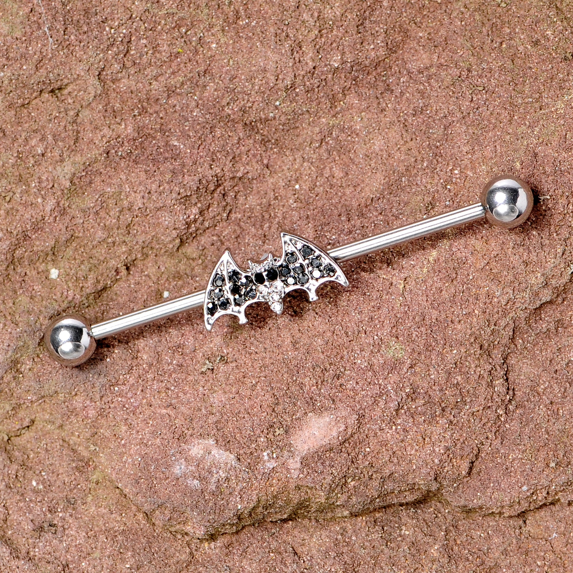 14G Clear Black Gem Bat Halloween Industrial Barbell 38mm