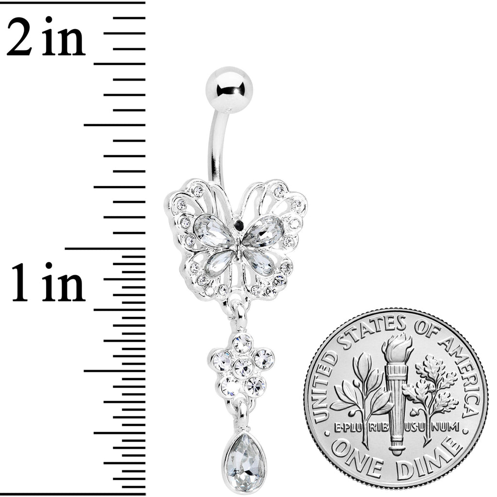 Clear Gem Lacy Butterfly Flower Drop Dangle Belly Ring