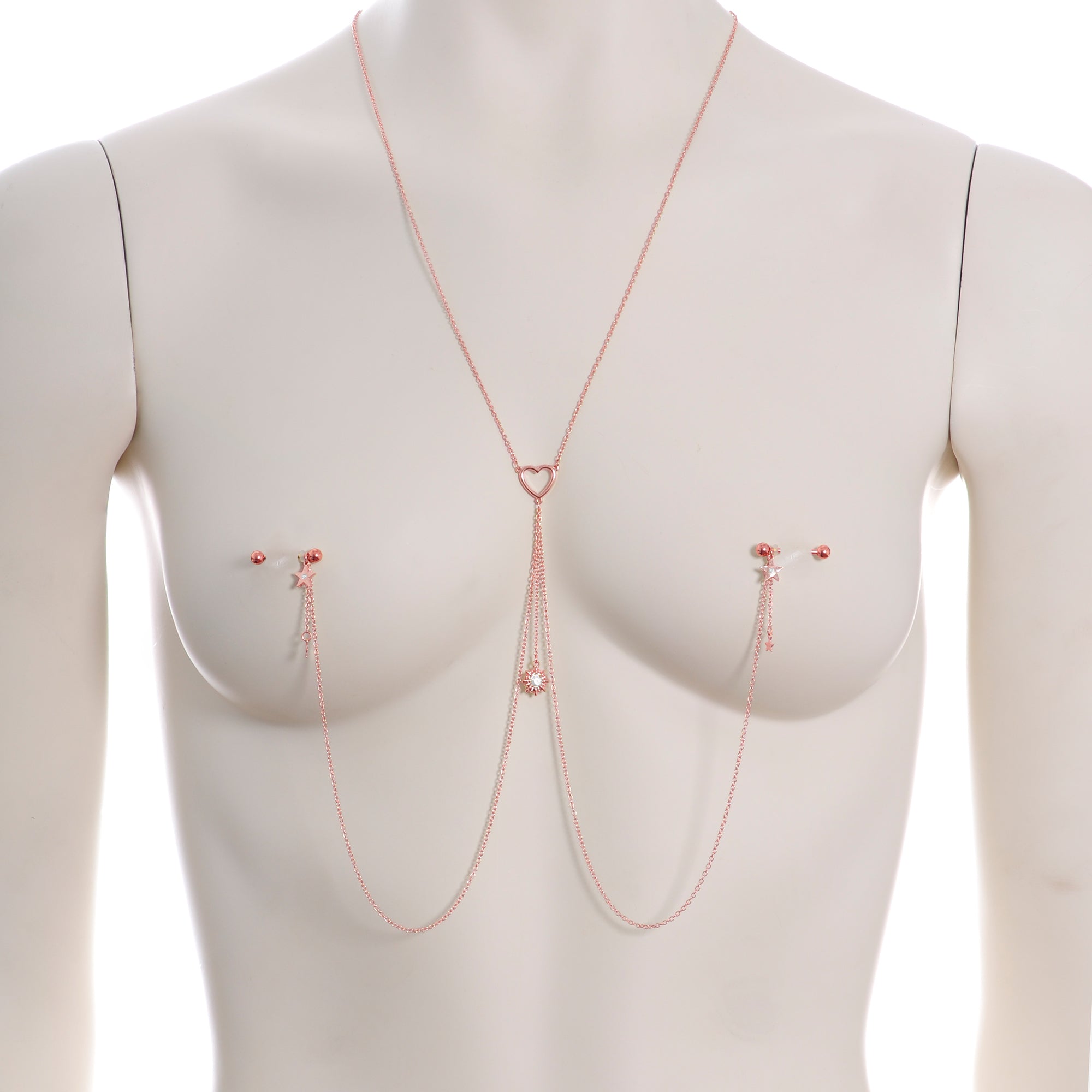 14G 5/8 Clear Gem Rose Gold Hue Star Sun Nipple Chain Necklace