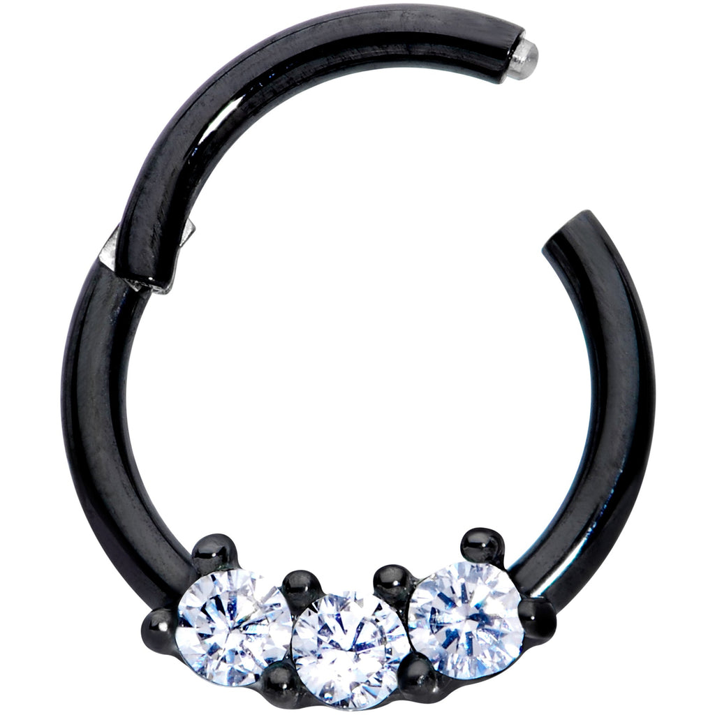 16G 5/16 Clear CZ Gem Black Trio Hinged Segment Ring