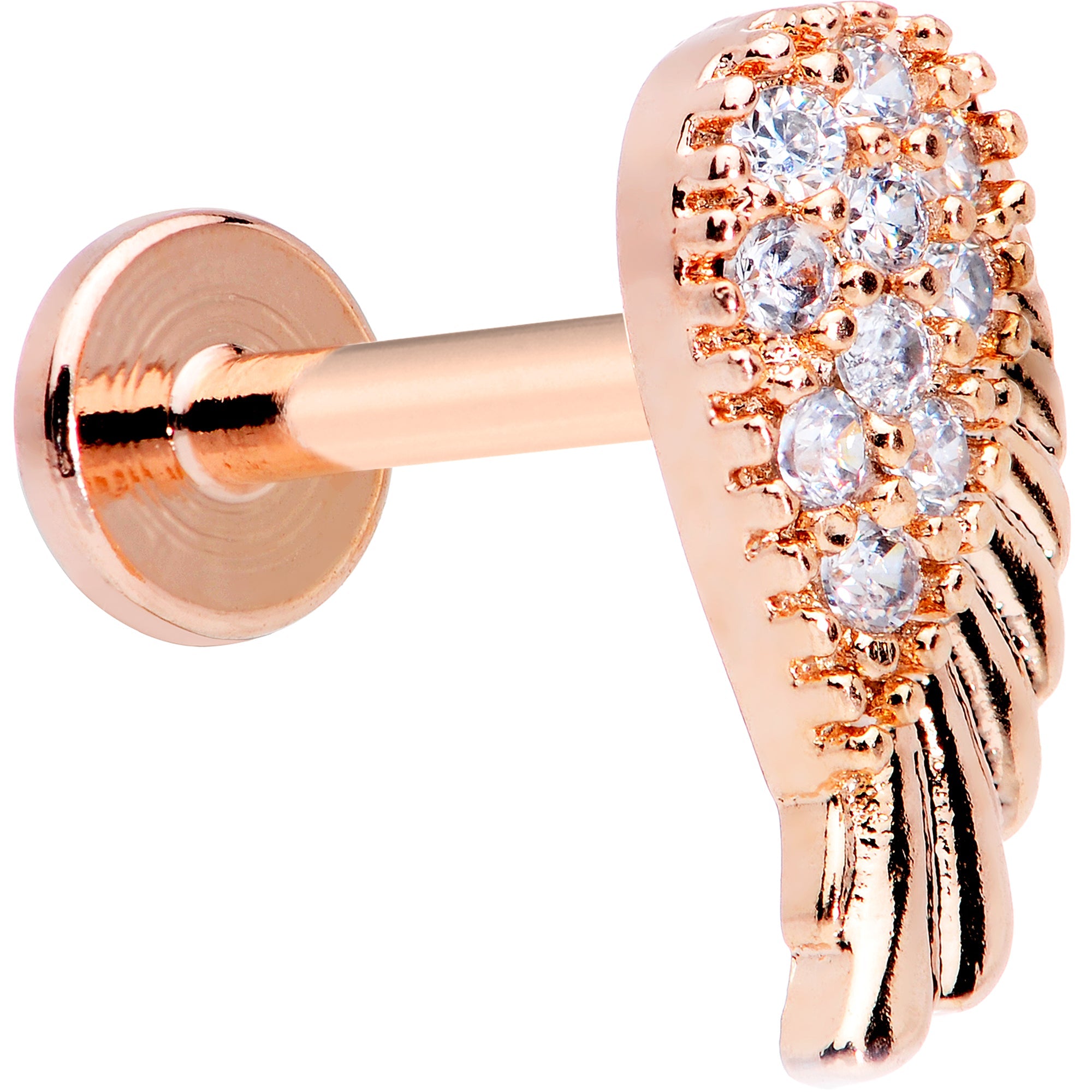 16G 5/16 Clear CZ Gem Rose Gold Tone Internal Thread Wing Labret