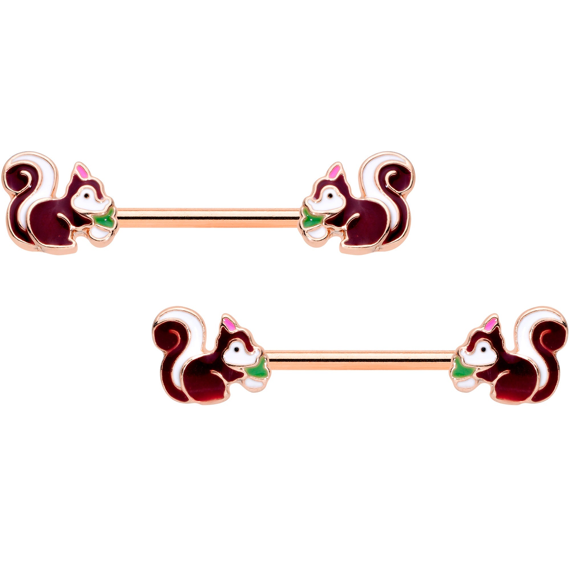 14G 9/16 Rose Gold Tone Snacking Squirrel Barbell Nipple Ring Set
