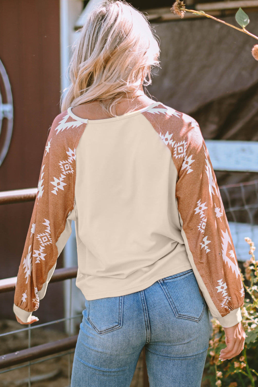 Mila Western Print Patch Long Sleeve Top