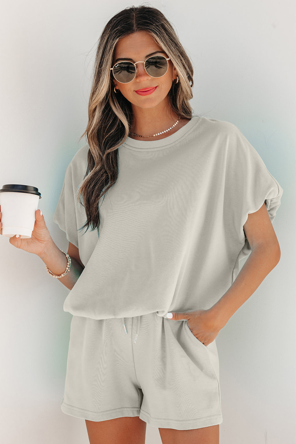 Light Blue Solid Color Puffy Loose Top Drawstring Shorts 2pcs Outfit