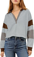 Color‑Block Cropped Polo V‑Neck Sweatshirt
