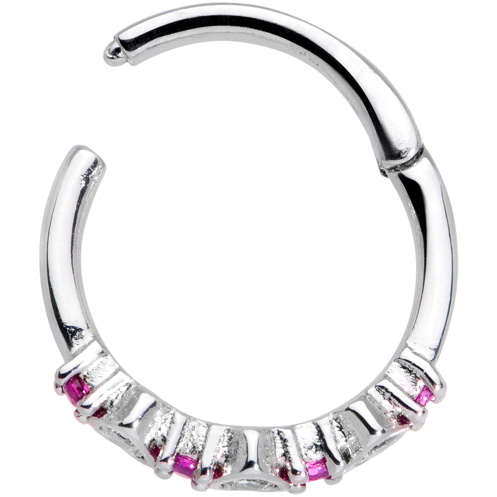 16G 3/8 Clear Pink CZ Gem Hearts Hinged Segment Ring