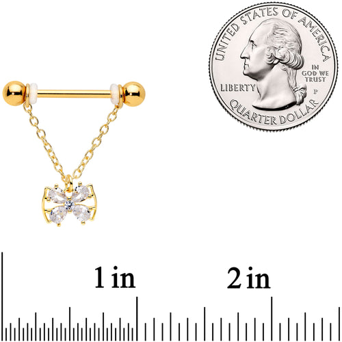 14G 11/16 Clear CZ Gem Gold Hue Beauty Bow Chain Nipple Ring Set