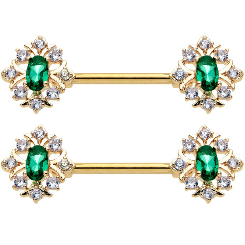 14G 1/2 Clear Green Gem Gold Hue Art Deco Barbell Nipple Ring Set
