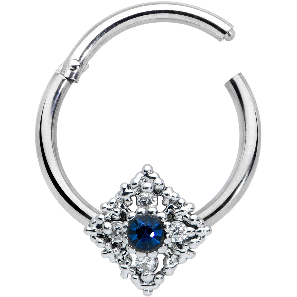 16G 3/8 Clear Blue Gem Textured Rhombus Cross Hinged Segment Ring