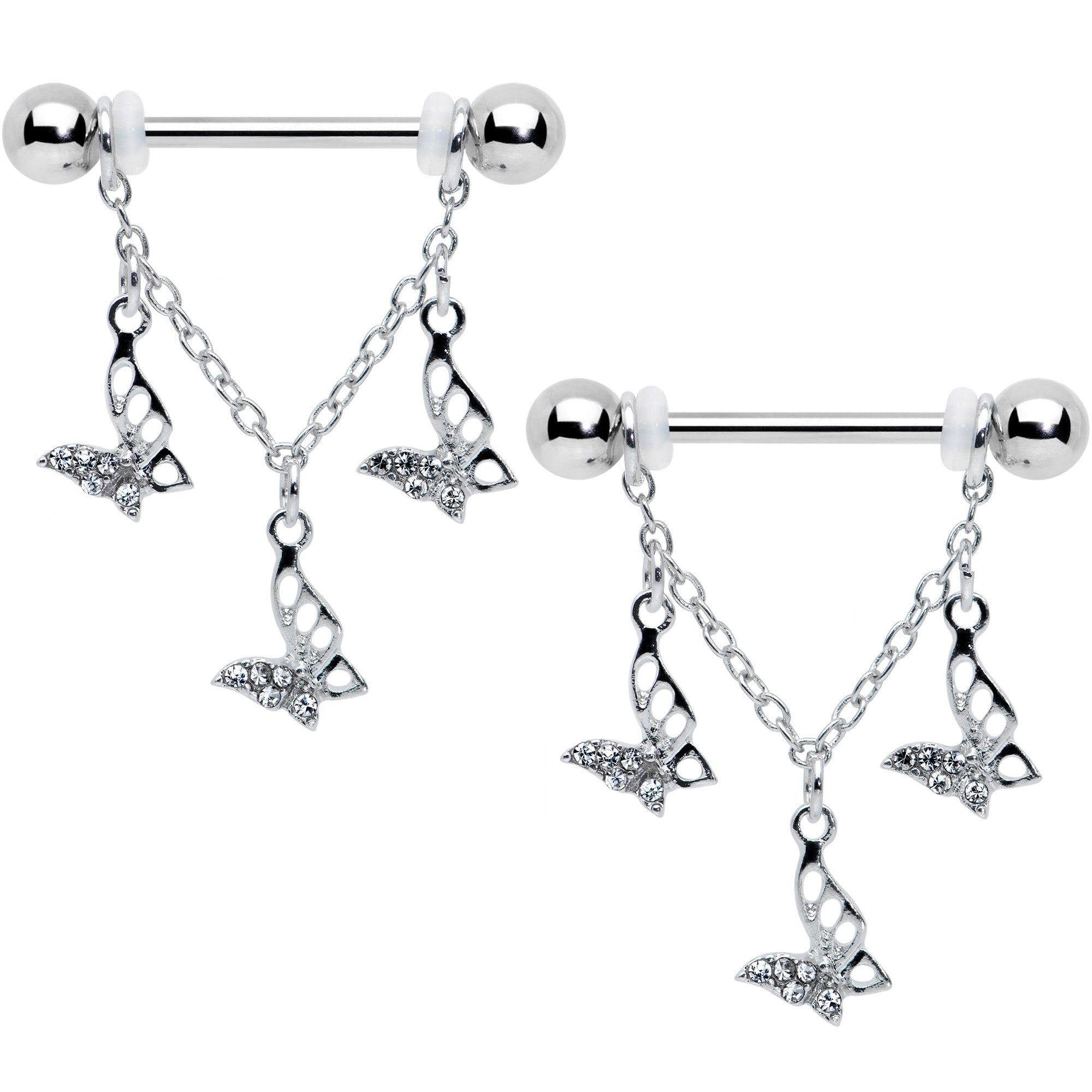 14G 9/16 Clear Gem Open Butterfly Chain Dangle Nipple Ring Set