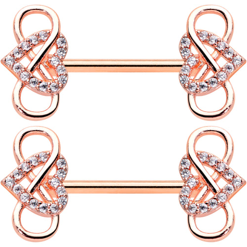 14G 1/2 Clear CZ Gem Rose Gold Hue Infinity Heart Nipple Ring Set