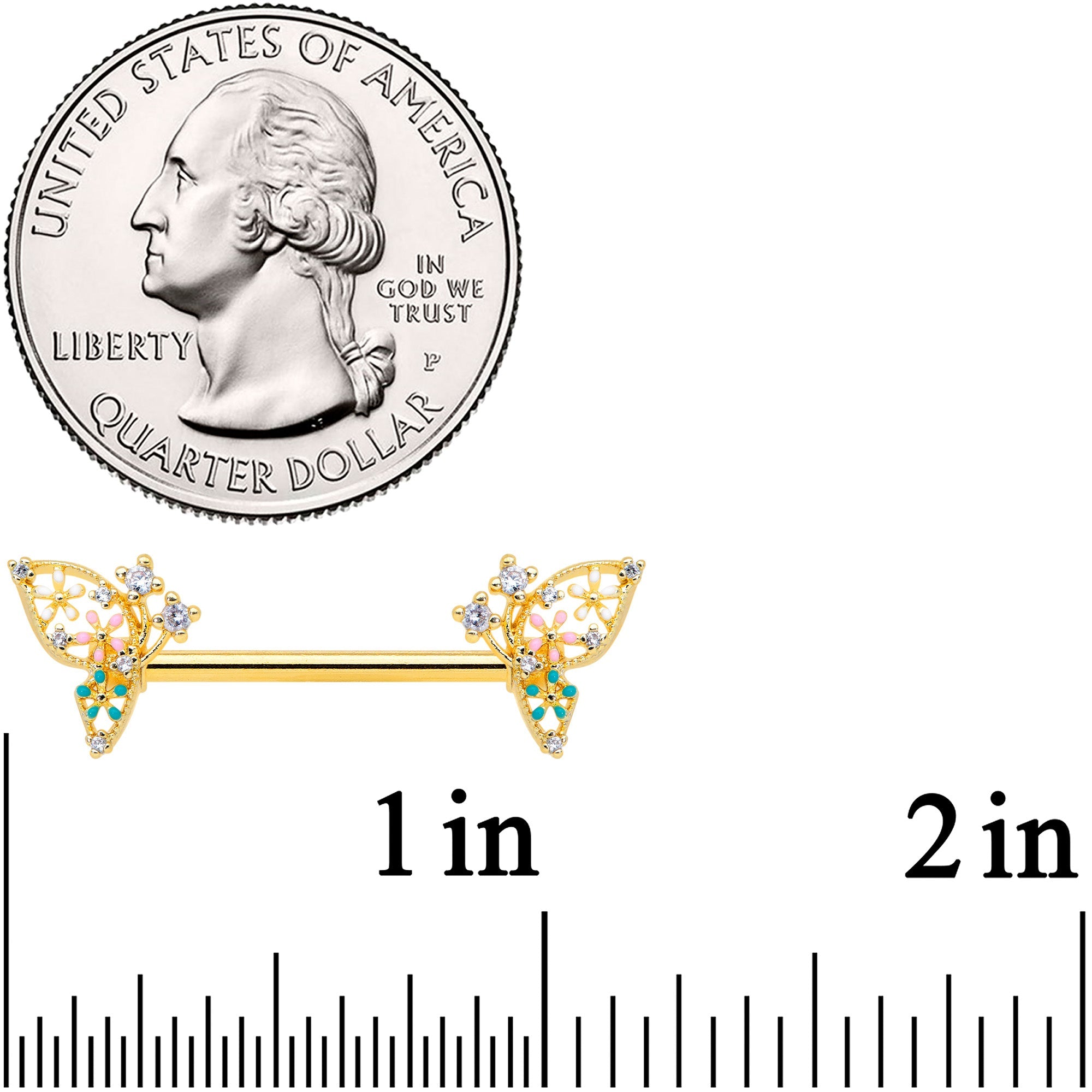 14G 9/16 Clear CZ Gem Gold Hue Abstract Butterfly Nipple Ring Set
