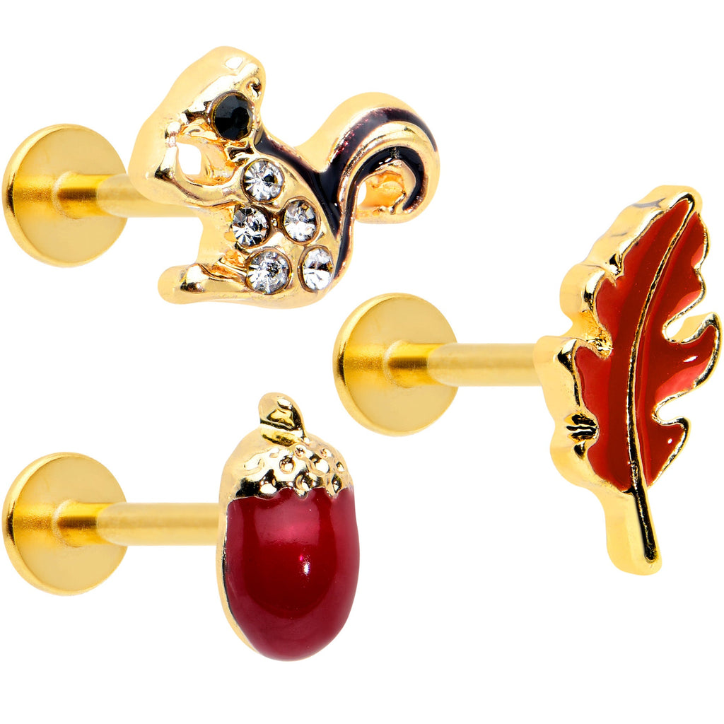 16G 5/16 Clear Gem Gold Tone Squirrel Leaf Labret Tragus Set of 3