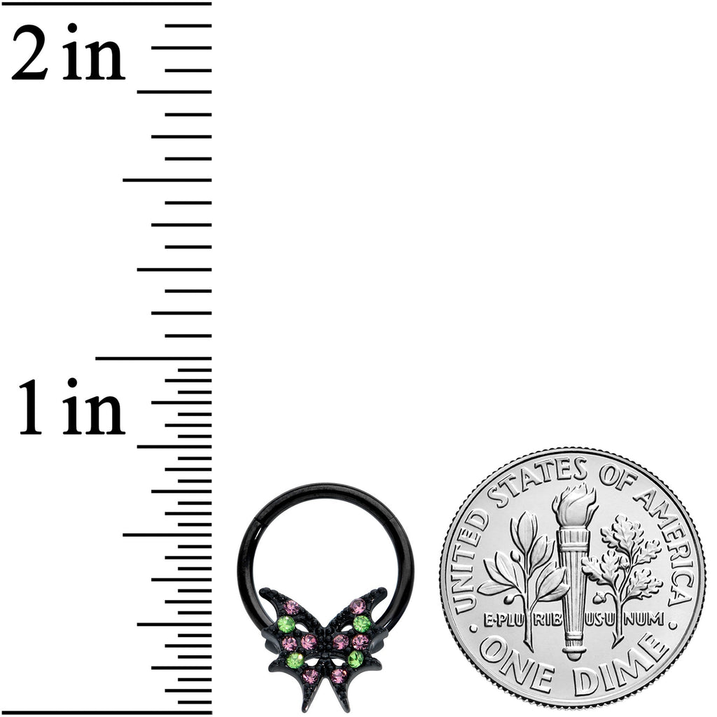 16G 3/8 Pink Green Gem Bat Wings Halloween Hinged Segment Ring